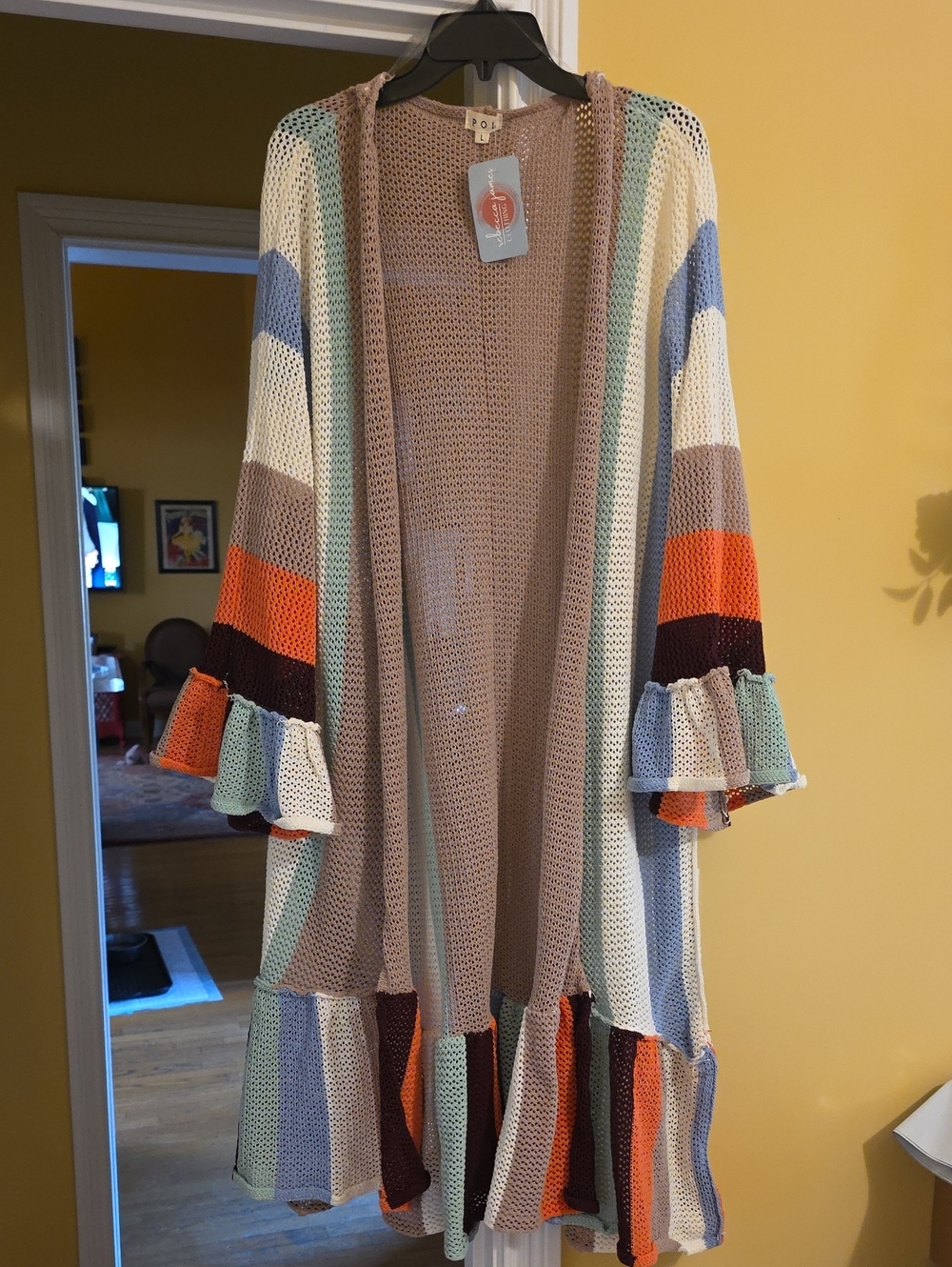 POL Open-Front Striped Knit Cardigan in Beige, Blue, Orange & Mint